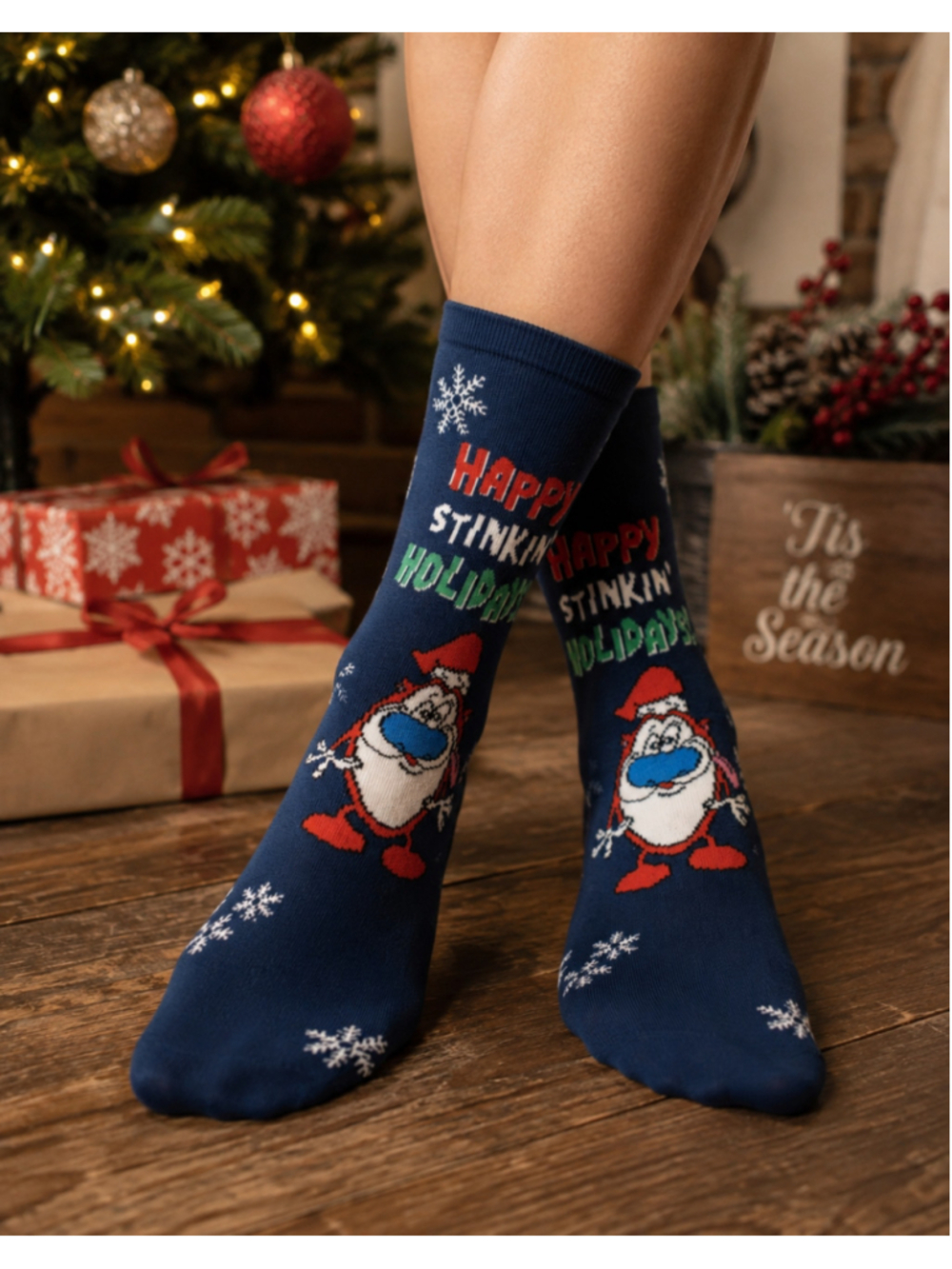 'Happy Stinkin Holiday' Christmas Ren & Stimpy Nickelodeon Crew Socks - One Pair